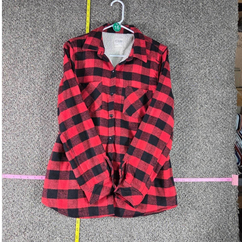 Ci Sono Plaid Shirt Jacket Women L Red Black Sherpa Lined Buffalo Check Shacket